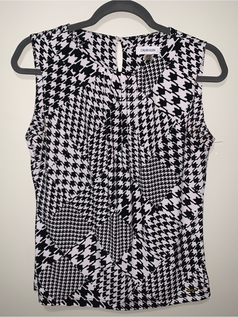 Calvin Klein Black and White Houndstooth Patchwork Sleeveless Top